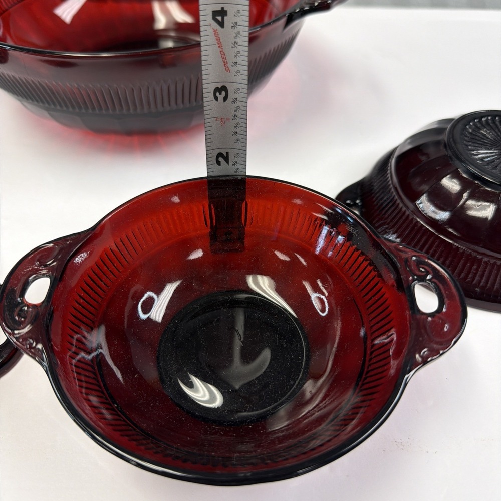 Anchor hocking 5 RUBY RED DEPRESSION GLASS Berry BOWLS W/HANDLES 1 Salad Bowl - Picture 12 of 12